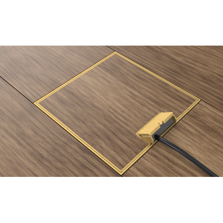 Floorbox ze stali nierdzewnej w kolorze mosiądzu na 2 gniazda CUBE, z cienką ramką parkiet/panele/gres/kamień