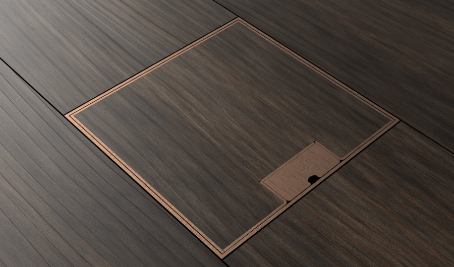 Floorbox ze stali nierdzewnej w kolorze miedzi na 2 gniazda CUBE, z cienką ramką parkiet/panele/gres/kamień